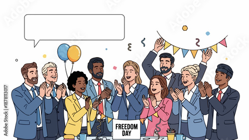 Business people celebrating Freedom Day. Diverse team cheering and clapping in office. Flat design vector illustration with speech bubble and festive decorations