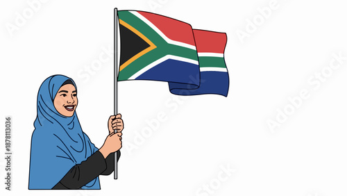 Muslim woman holding South African flag. Flat design vector illustration of a patriotic woman in hijab. South Africa national pride and diversity concept. Isolated on white background
