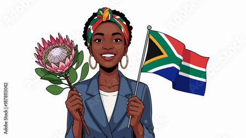 South African woman holding flag and King Protea flower. Heritage Day and national pride concept. Vector illustration isolated on white background