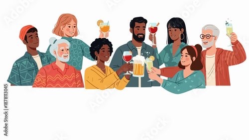 Diverse group of people celebrating and toasting with drinks. Flat design vector illustration. Social gathering and party concept. Characters isolated on white background