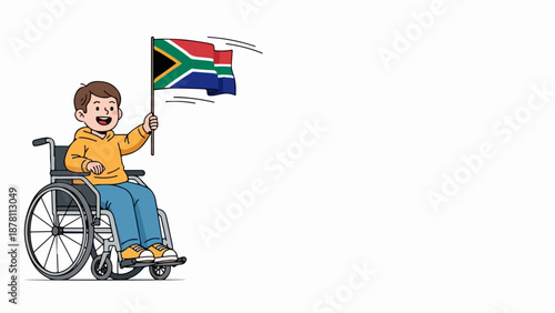 Boy in a wheelchair waving South African flag. Disability inclusion and national pride concept. Cartoon vector illustration isolated on white background