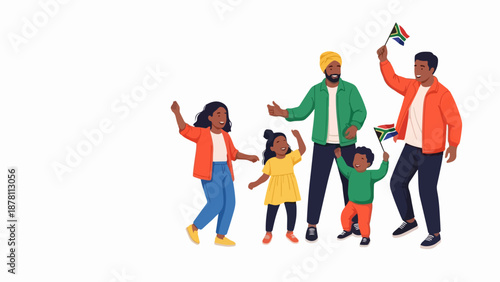 South African people celebrating with flags. Flat design vector illustration of a diverse group. Heritage Day and national pride concept. Isolated on white background
