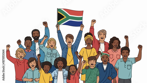 South African people celebrating with national flag. Diverse crowd of fans and citizens. Flat design vector illustration