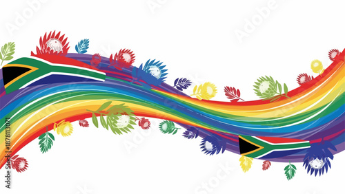 South African flag and protea flowers on a rainbow wave. National heritage and unity concept. Vector illustration isolated on white background