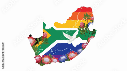 South Africa map vector illustration with flag pattern and protea flowers. Peace dove symbol for unity and heritage. Flat design graphic isolated on white background