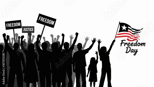 Freedom Day vector illustration. Silhouette of crowd protesting for justice and liberty. People with raised fists and signs. Flat design graphic isolated on white background