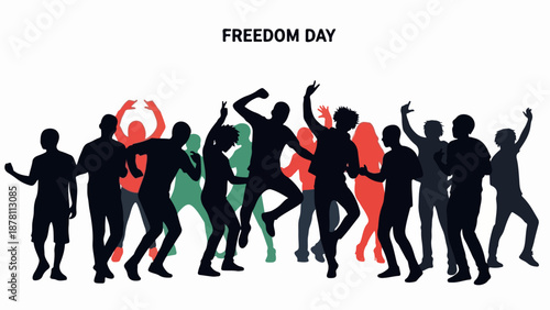 Freedom Day celebration with people silhouettes. Diverse crowd dancing and jumping in joy. Flat design vector illustration isolated on white background