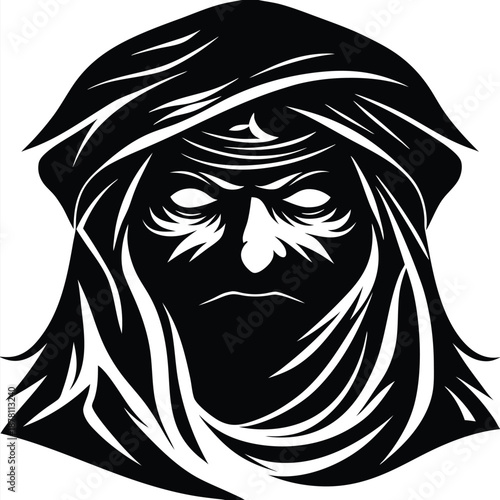 Enigmatic hooded figure with intense eyes presents a striking black and white contrast