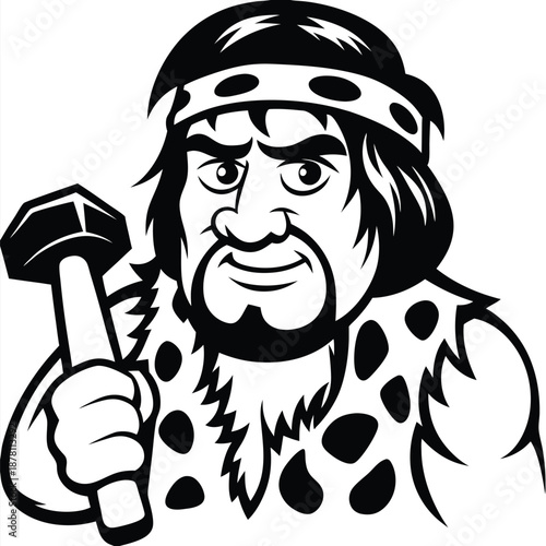 Focused caveman with beard wearing animal hide holds hammer in black and white