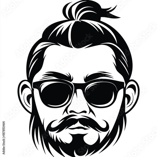 Illustrated Asian man with beard and mustache is wearing sunglasses and a man bun