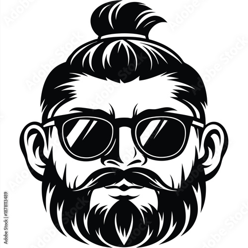 Illustrated face of bearded man wearing sunglasses and topknot hair style in black