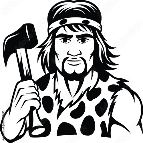 Illustration shows a determined man holding a hammer, wearing primitive clothing, presented in black and white