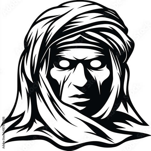 Intense monochrome depicts a menacing Arab man wearing a traditional keffiyeh headdress