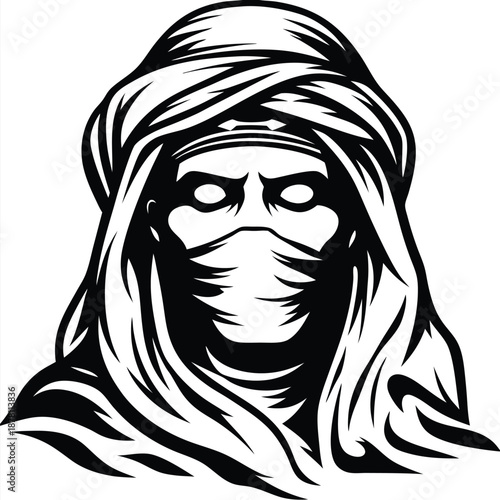 Intricate black and white design shows a masked Middle Eastern man wearing a turban