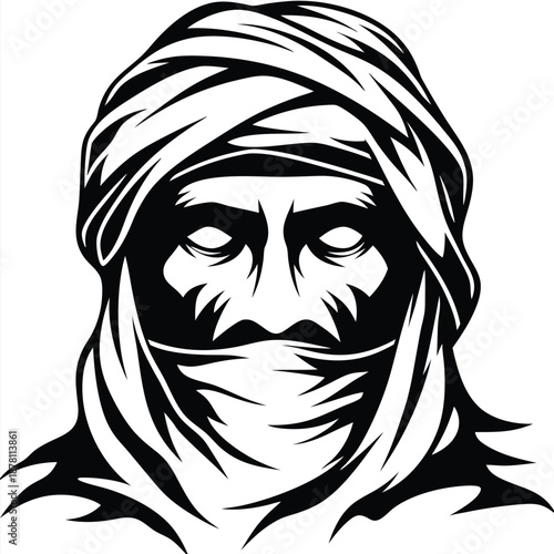 Intricate black and white design shows an imposing Bedouin with traditional face covering