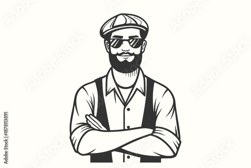 Confident bearded man in sunglasses and cap stands with arms crossed, showcasing strong style