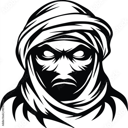 Isolated black and white illustration showcases a menacing Arab man with penetrating gaze