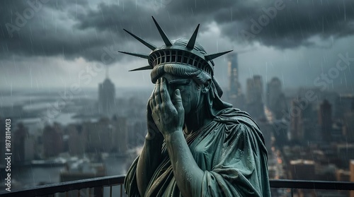 Statue of Liberty Crying in Rainy New York City with Dramatic Stormy Sky and Cityscape Background