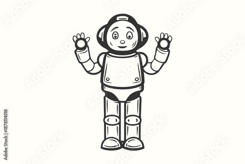Isolated cute futuristic monochrome robot cartoon happily waves hello to the viewer in greeting