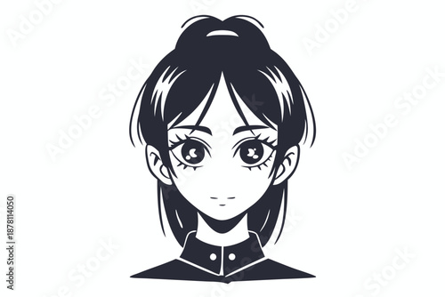 Isolated front face of a dark haired, expressionless, Asian mangastyle girl in vector