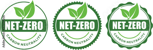 Set of Net-Zero Carbon Neutrality Green Vector Badges with Leaf Icon, isolated