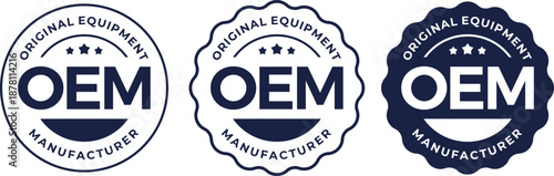 Vector Set of Dark Blue OEM Original Equipment Manufacturer Badges with Stars and Text