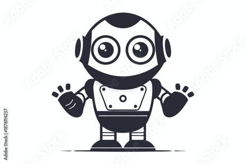 Isolated retro monochrome robot waves happily; friendly vintage android design looks appealing