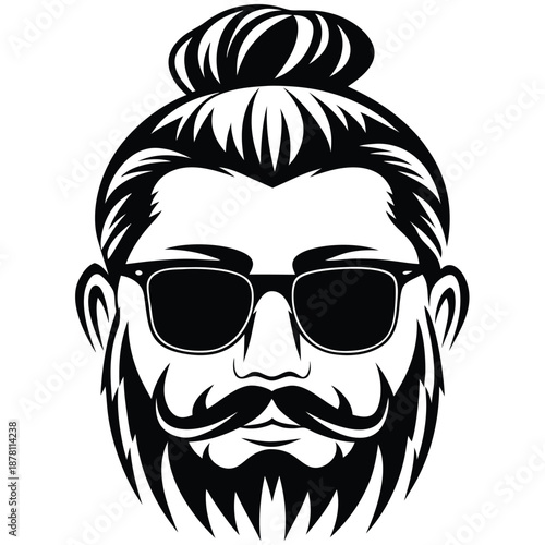Isolated portrait shows a man with beard, mustache, and sunglasses with bun hairstyle