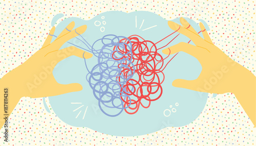 Two hands untangling a tangled brain. Psychologist's help. Mental and mental health. Symbol of confused thoughts and problems, as well as a psychologist helping to untangle the knot. Vector illustrati