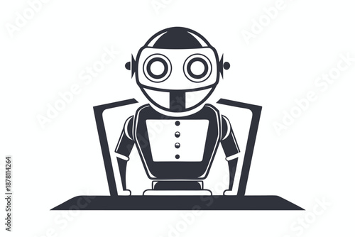 Isolated robot with antennae and rounded hands stands happily on a solid surface