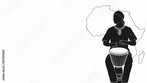 African drummer playing djembe silhouette. Map of Africa outline background. Minimalist vector illustration of traditional music and culture. Black and white graphic isolated on white