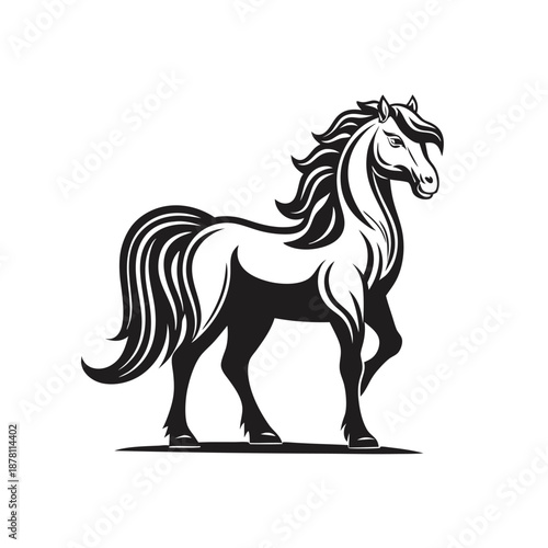 Majestic black horse gracefully stands in profile with an elegant mane and tail