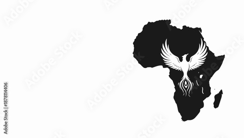 Africa map and phoenix bird silhouette. Minimalist flat design vector illustration. African renaissance and rebirth concept isolated on white background