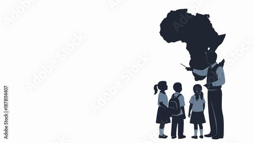 Teacher pointing at map of Africa for students. Education and geography learning concept. Minimalist silhouette vector illustration