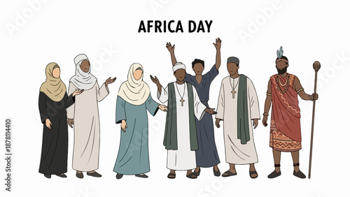 Africa Day celebration with diverse people. Flat design vector illustration of African men and women in traditional and religious attire. Cultural diversity and unity concept