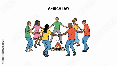 Africa Day celebration with people in a circle around a campfire. Unity and community concept. Flat vector illustration isolated on white background