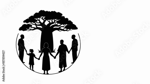 Family silhouette under a baobab tree. Multi-generational group holding hands. Unity and heritage concept. Minimalist flat design vector illustration isolated on white background