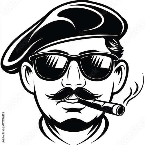 Man wearing sunglasses and a beret, confidently smoking a cigar in monochrome style