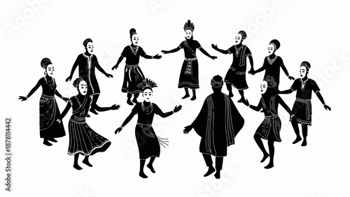 Tribal dance silhouette vector illustration. African culture and traditional ritual concept. Group of people in masks and ethnic costumes. Isolated graphic element