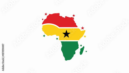Africa map with Ghana flag colors and black star. Flat vector illustration of the African continent silhouette. Ghanaian national symbol and geography concept isolated on white background