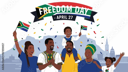South Africa Freedom Day April 27 celebration. Happy family with national flags and confetti. Flat design vector illustration with Table Mountain and Cape Town skyline background