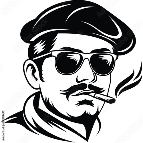 Man with a mustache wearing glasses and a beret smokes a cigarette