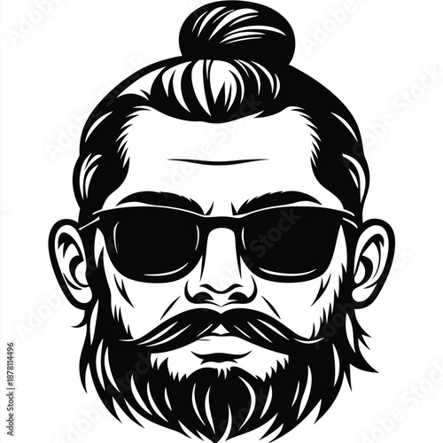 Man with beard and topknot hairstyle confidently wears dark sunglasses, embodying a modern hipster