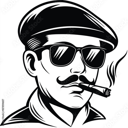 Man with mustache, sunglasses, and flat cap enjoys a smoking cigar