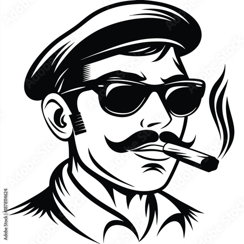Man with sunglasses and beret enjoys smoking a cigar emitting smoke in monochrome
