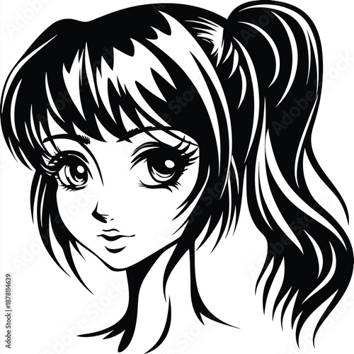 Manga girl gazes forward with captivating eyes and stylish, detailed, black hair
