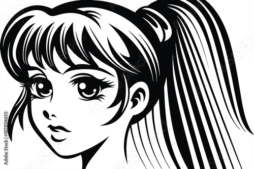 Manga girl in black and white looks ahead with a ponytail hairstyle