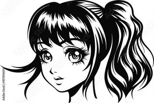 Manga girl stares forward as her dark hair is neatly styled in a ponytail