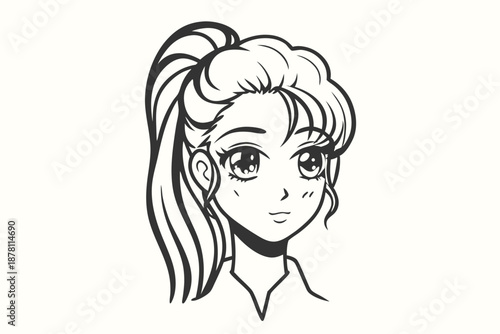 Manga girl with a ponytail stares straightforward with cute eyes and innocent expression