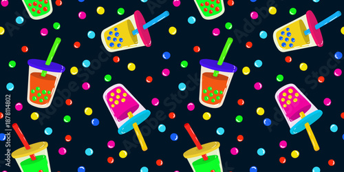 boba tea vector seamless background with colorful cocktail cups and tapioca balls on dark backdrop for gift wrapping textile design